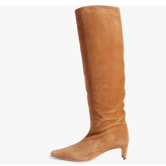 Tan Women Vintage Wide Calf Squared Toe Knee High Boots Low Heel Travel Shoes - Picture 1 of 7